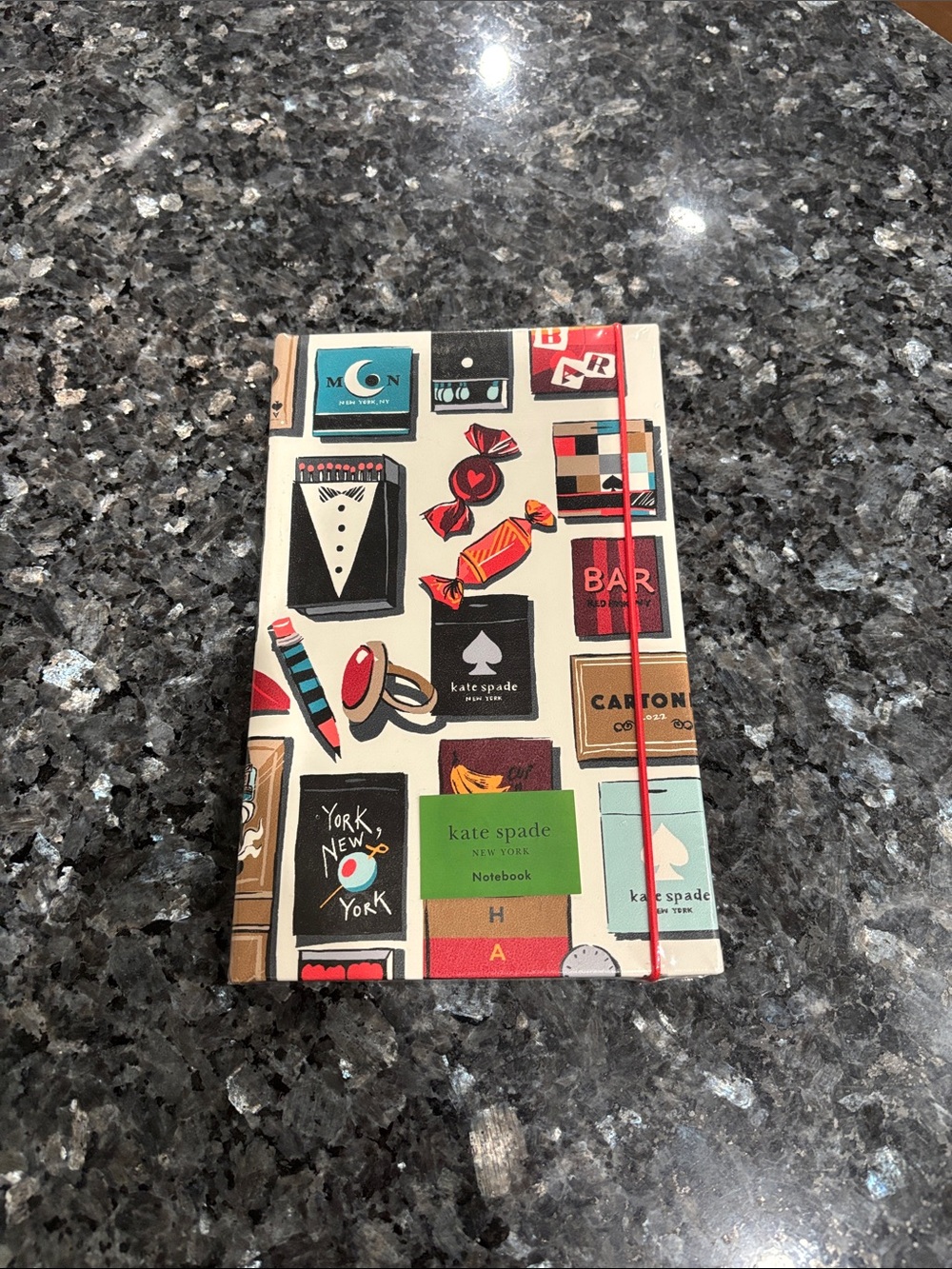 kate spade Cream Notebook with Multicolor Icon Print and Red Elastic
